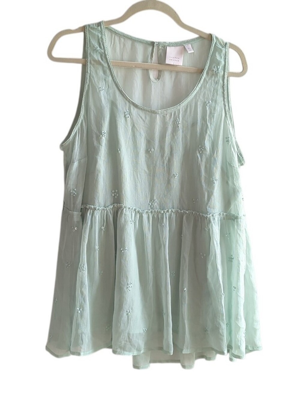 Lauren Conrad Mint Green Sheer Sleeveless Top w Beads Ruffle Bottom Size XL
